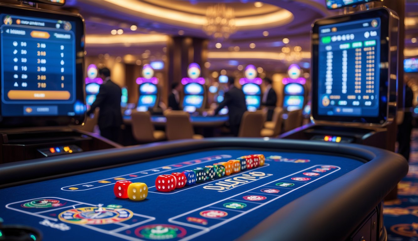 Meja permainan Sicbo di kasino langsung dengan dadu berwarna dan layar digital yang menampilkan statistik dan fitur taruhan otomatis.