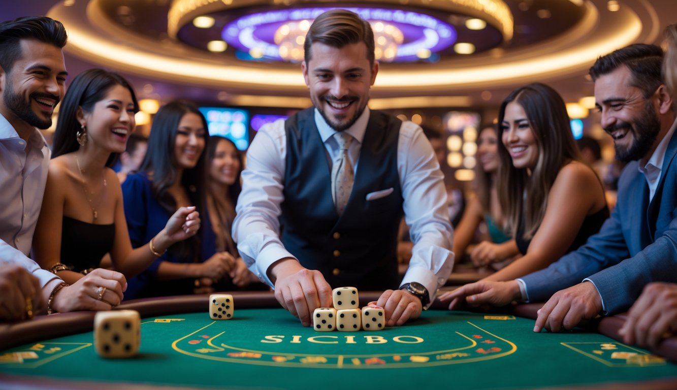 Seorang dealer bermain Sicbo di meja hijau dengan tiga dadu, dikelilingi oleh pemain yang antusias di kasino langsung.