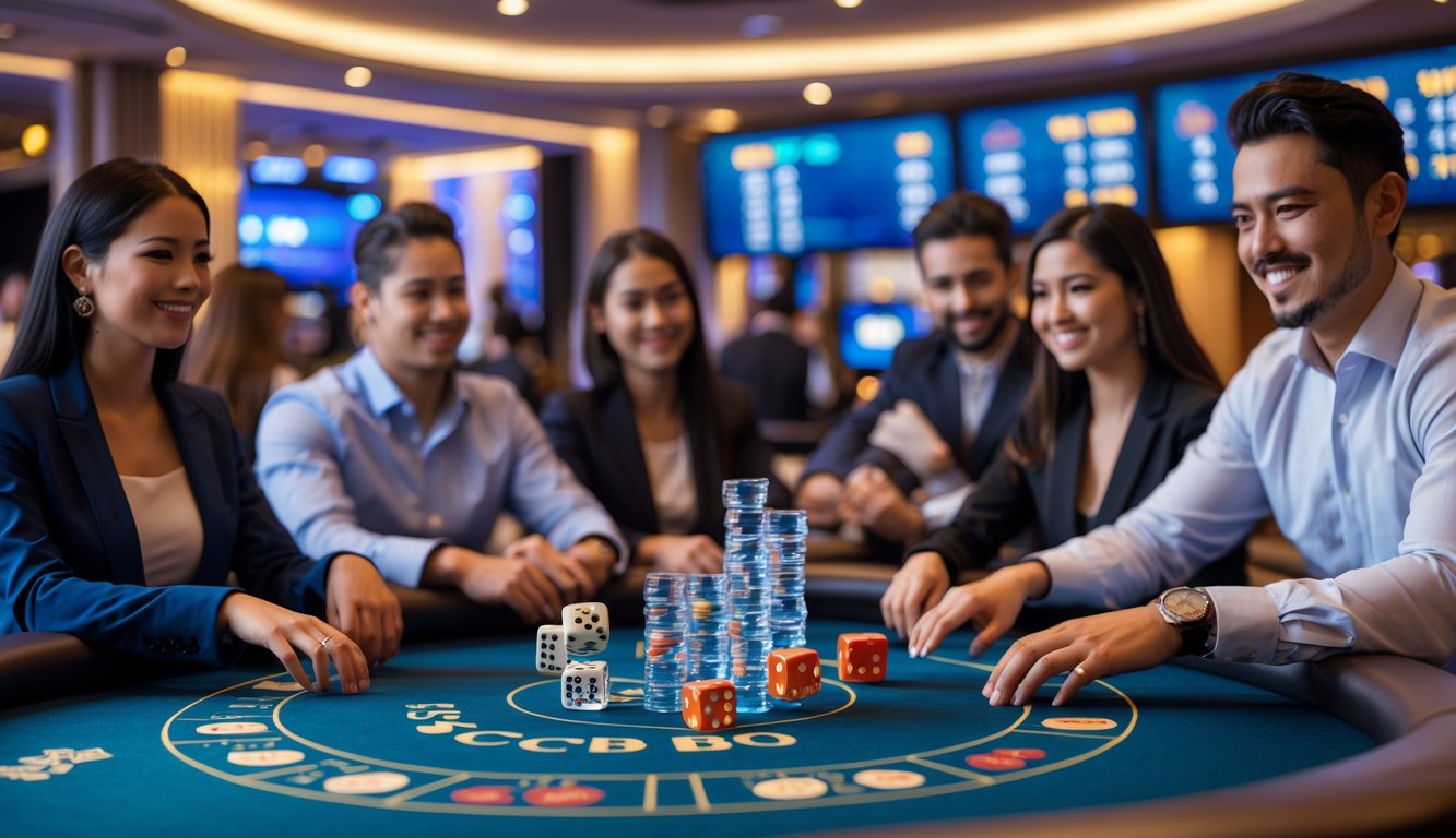 Suasana kasino langsung dengan meja permainan Sicbo, pemain yang antusias, dan dealer yang ramah.