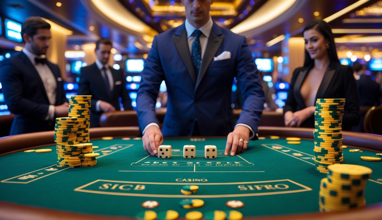 Seorang dealer di meja permainan Sicbo di kasino mewah dengan pemain yang memasang taruhan besar menggunakan chip berwarna-warni.