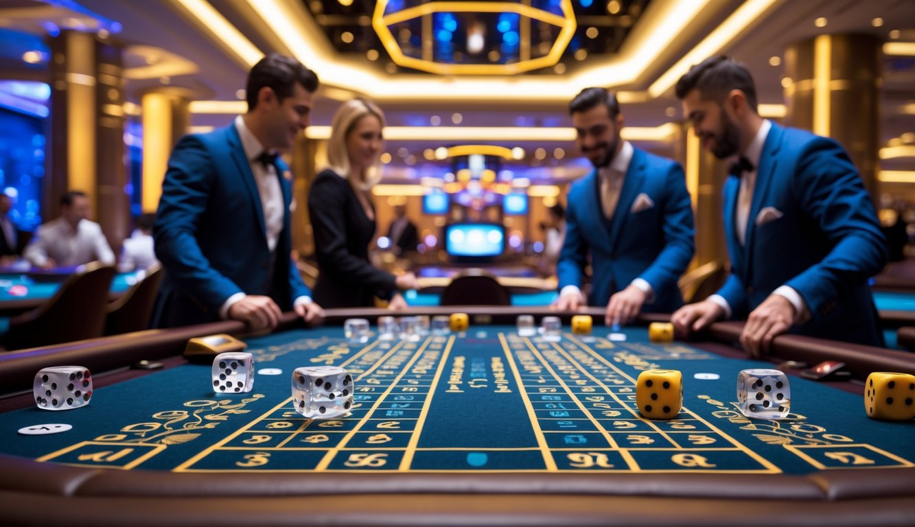 Meja permainan Sicbo di kasino dengan pemain dan dealer sedang bermain dalam suasana mewah.