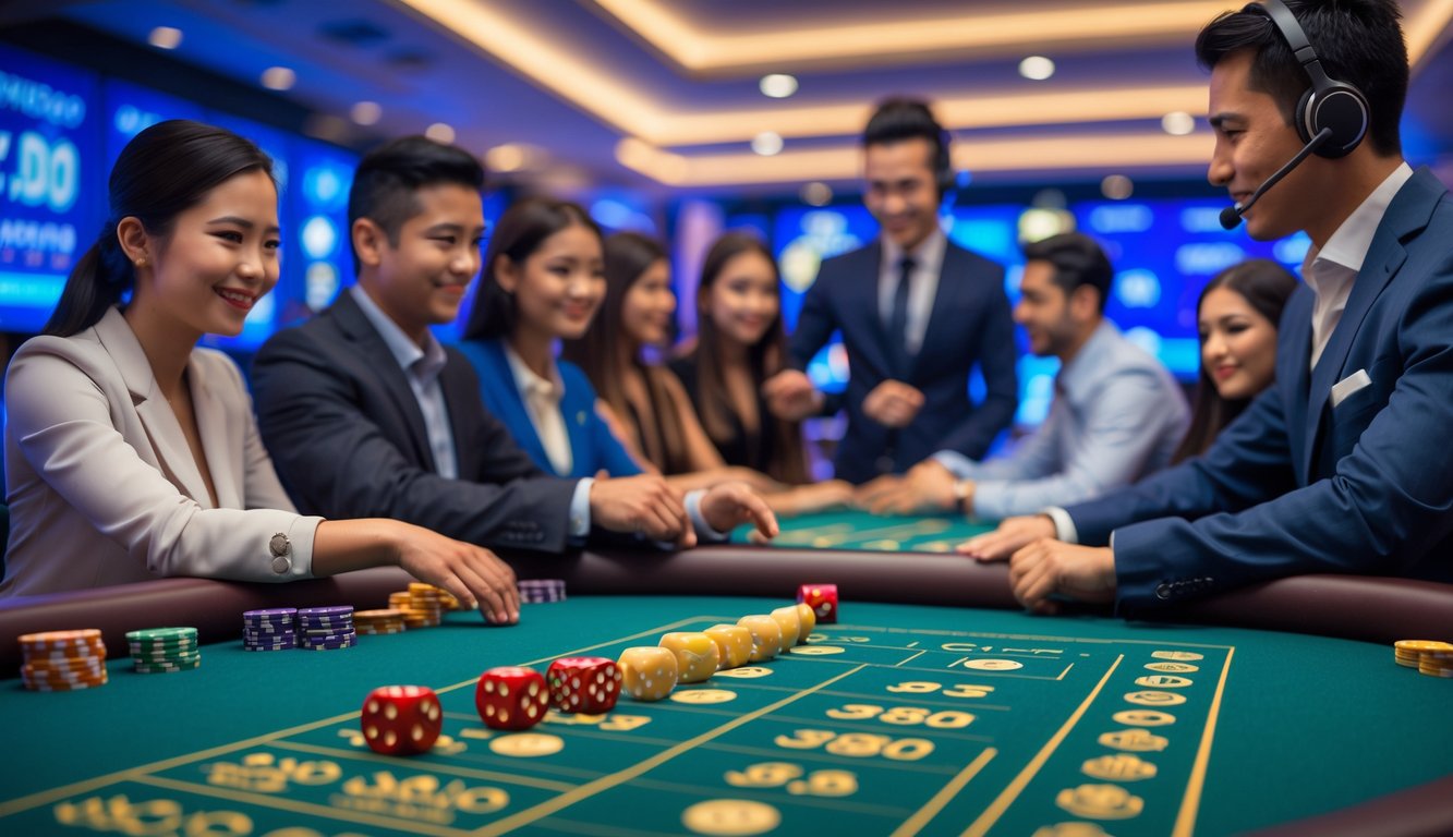Suasana kasino langsung dengan meja permainan Sic Bo dan staf layanan pelanggan yang ramah membantu pemain.