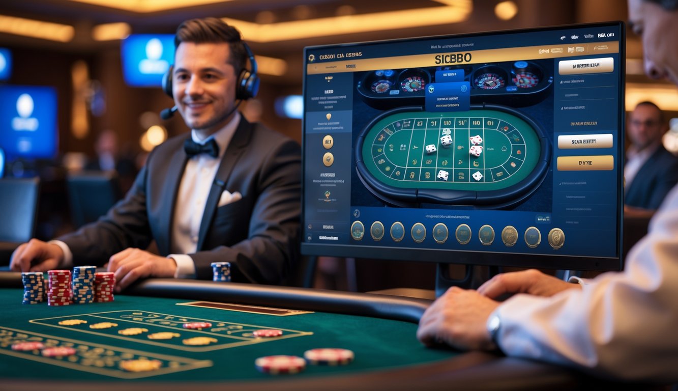 Suasana kasino langsung dengan meja permainan Sicbo dan dealer yang melayani pemain, menampilkan interaksi melalui video dan elemen layanan pelanggan 24 jam.