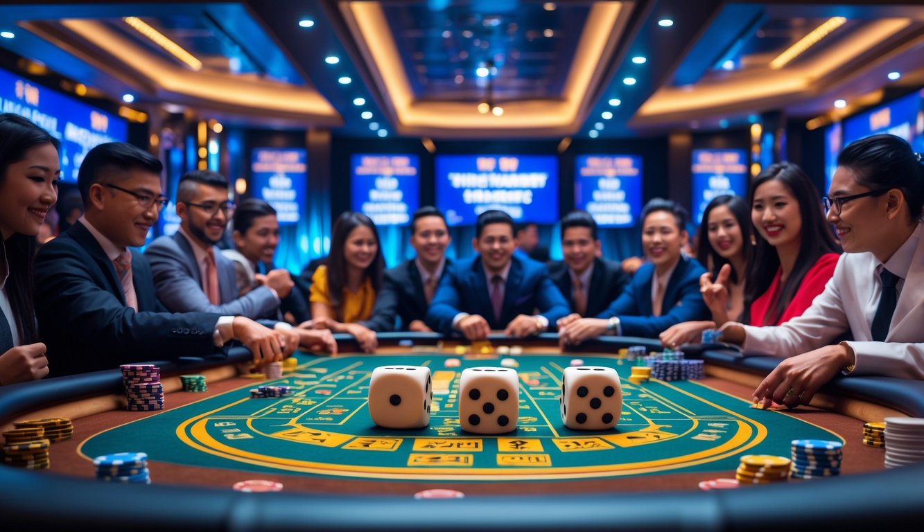 Suasana kasino langsung dengan meja permainan Sic Bo dan pemain yang sedang bertaruh.