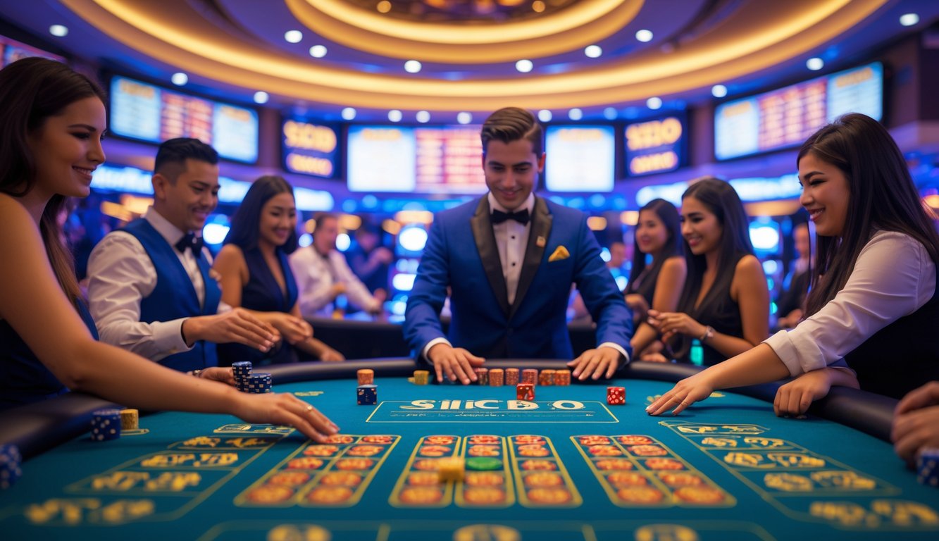 Suasana kasino langsung dengan meja permainan Sicbo, dealer dan pemain yang antusias sedang bermain dan memasang taruhan.