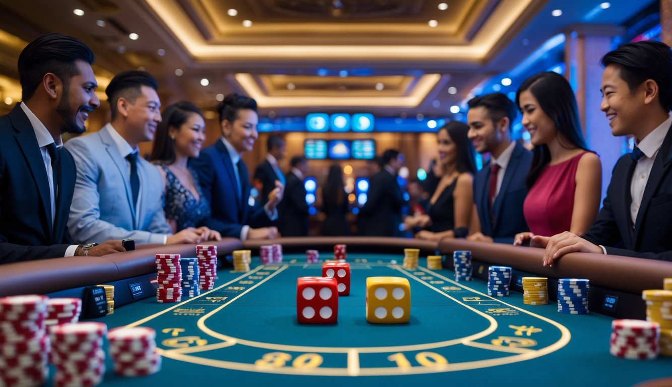 Suasana kasino langsung dengan meja Sic Bo, dadu berwarna cerah di atas meja, pemain yang fokus dan bersemangat, serta dealer profesional di latar belakang.