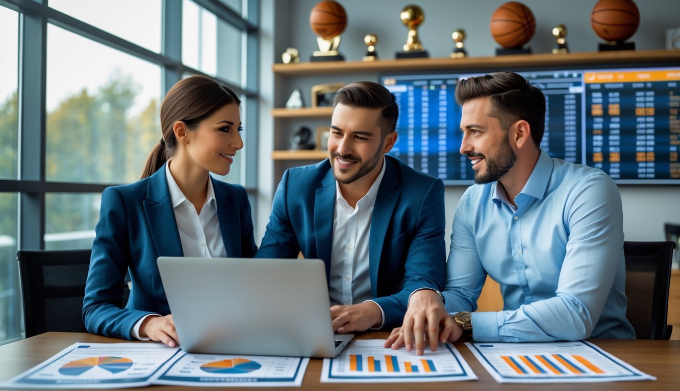Dua profesional sedang berdiskusi di kantor modern dengan data dan statistik bola basket di layar dan meja.