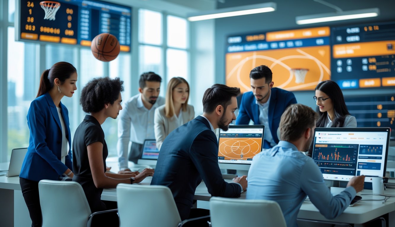 Sekelompok orang sedang bekerja bersama di kantor dengan layar komputer yang menampilkan data pertandingan bola basket.