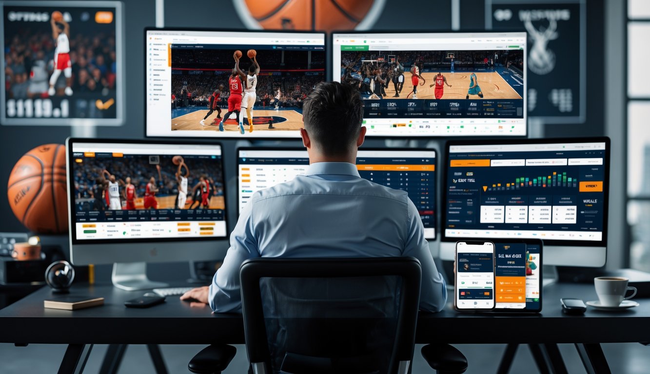 Seorang pria fokus duduk di meja dengan beberapa layar komputer menampilkan pertandingan bola basket dan grafik peluang taruhan.