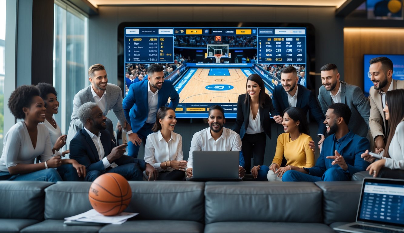 Sekelompok orang sedang menonton pertandingan basket di layar digital dalam ruang modern yang nyaman dengan perangkat untuk taruhan olahraga.