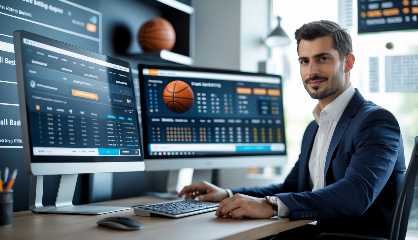 Seorang profesional duduk di meja kantor dengan beberapa monitor menampilkan statistik dan platform taruhan bola basket.