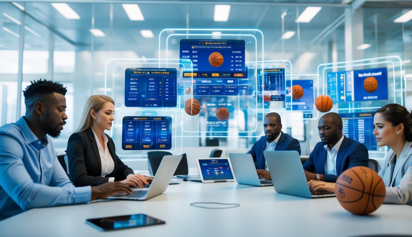 Sekelompok orang sedang melihat data taruhan bola basket di layar digital di sebuah kantor modern.