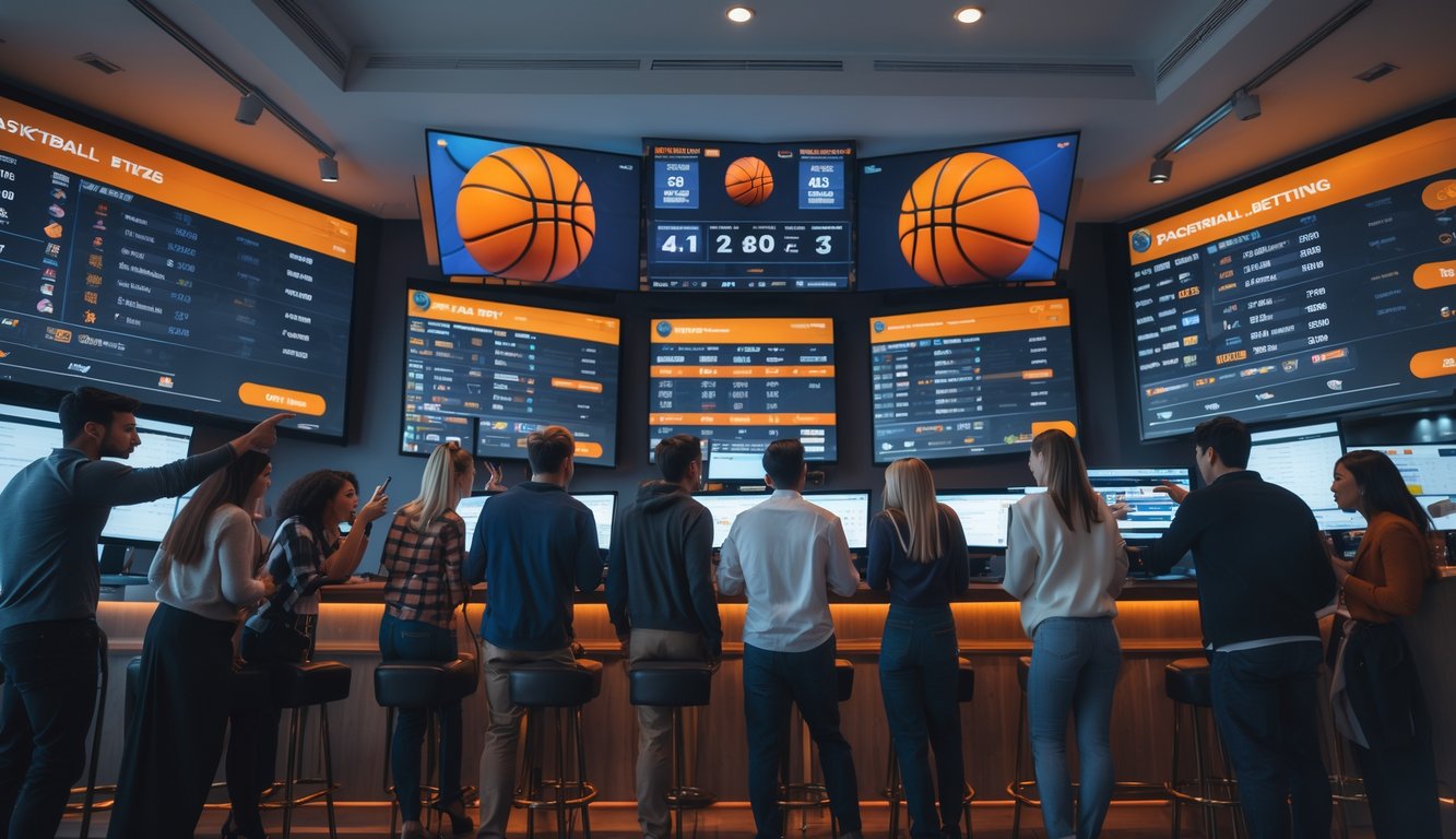 Sekelompok orang muda sedang melihat layar besar yang menampilkan statistik dan taruhan langsung pertandingan basket di sebuah ruang modern.