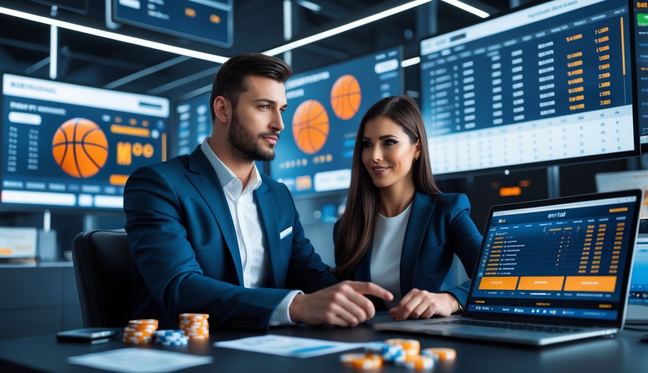 Dua orang profesional berdiskusi di kantor modern dengan layar menampilkan statistik pertandingan basket.