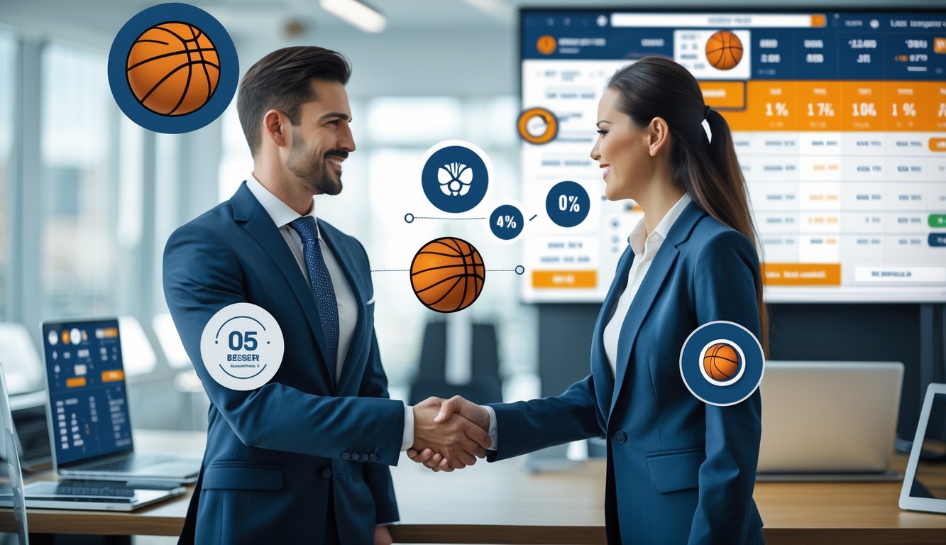 Dua profesional bisnis berjabat tangan di kantor modern dengan layar menampilkan pertandingan bola basket dan statistik taruhan.