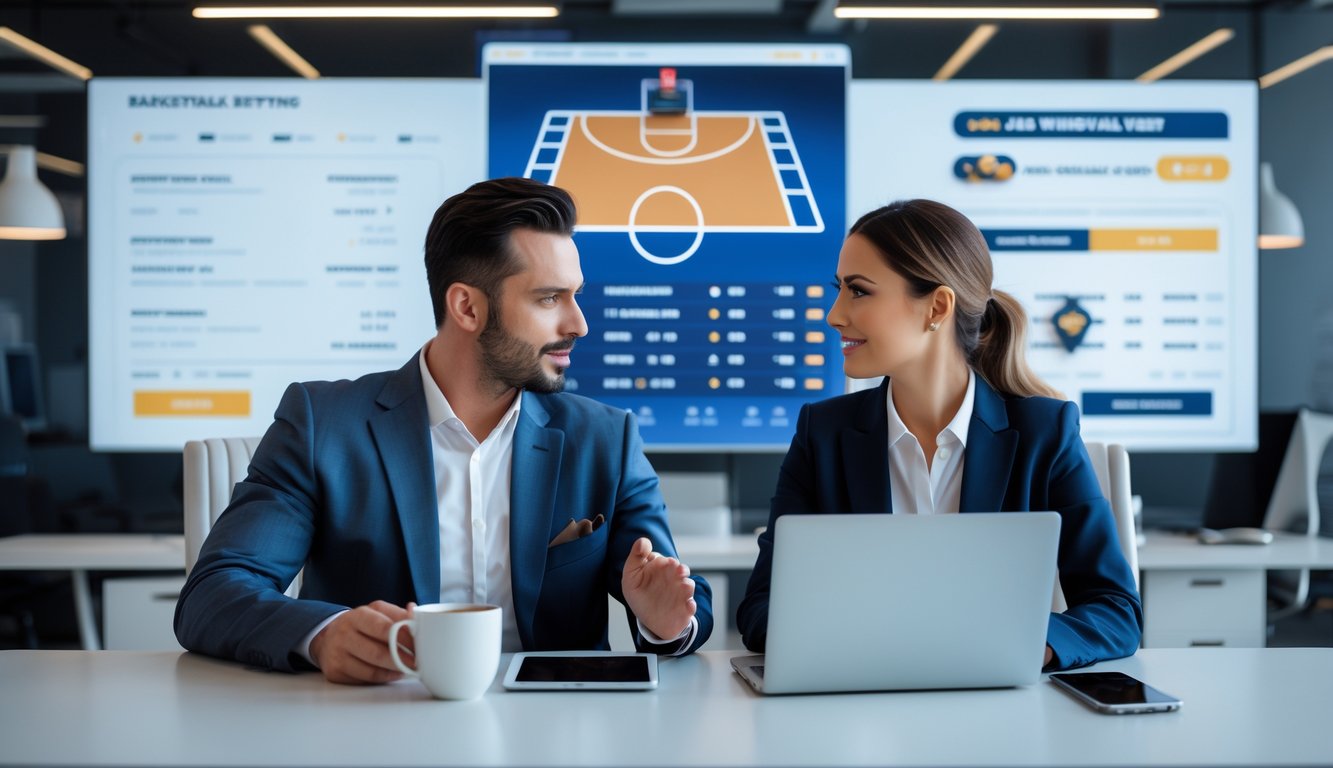 Dua orang profesional sedang berdiskusi di kantor dengan layar besar menampilkan grafik bola basket dan data kecepatan proses penarikan dana.