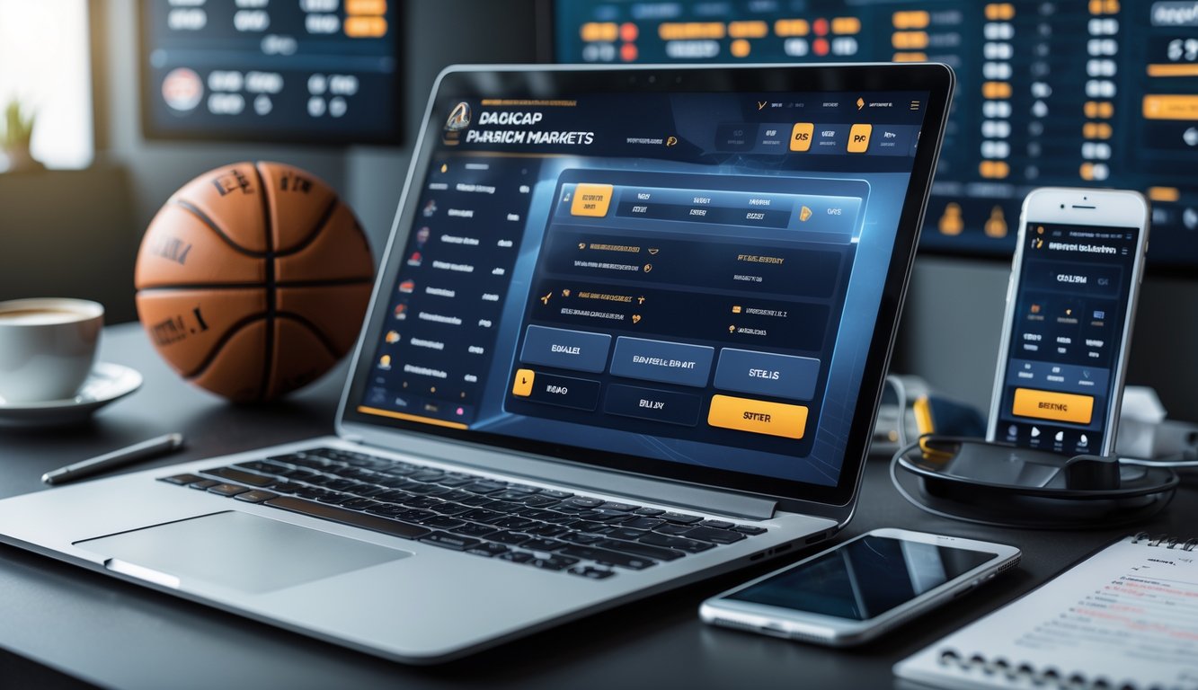 Seorang pria menggunakan laptop dengan tampilan taruhan bola basket online, dikelilingi bola basket dan ponsel di meja kerja.
