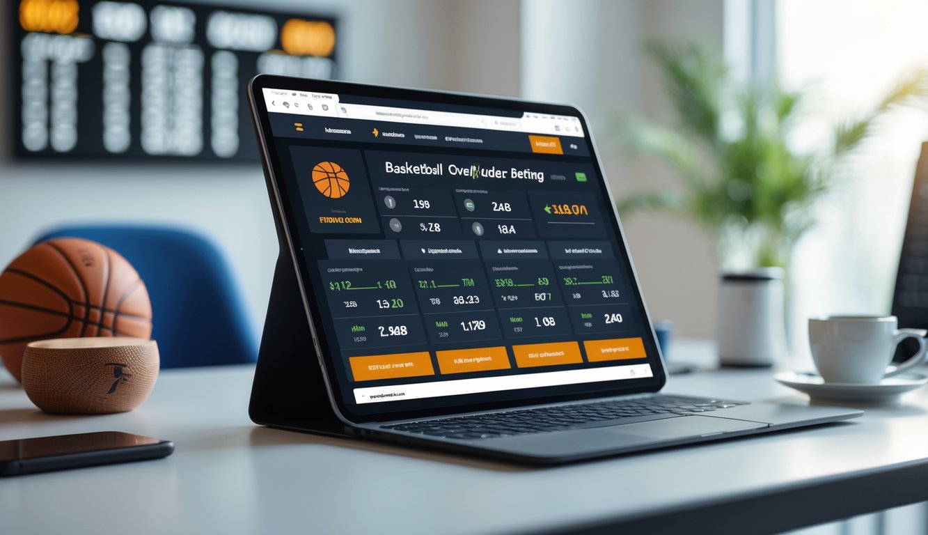 Seorang pria menggunakan laptop dengan tampilan taruhan bola basket, di meja terdapat bola basket dan papan skor, suasana terang dan profesional.
