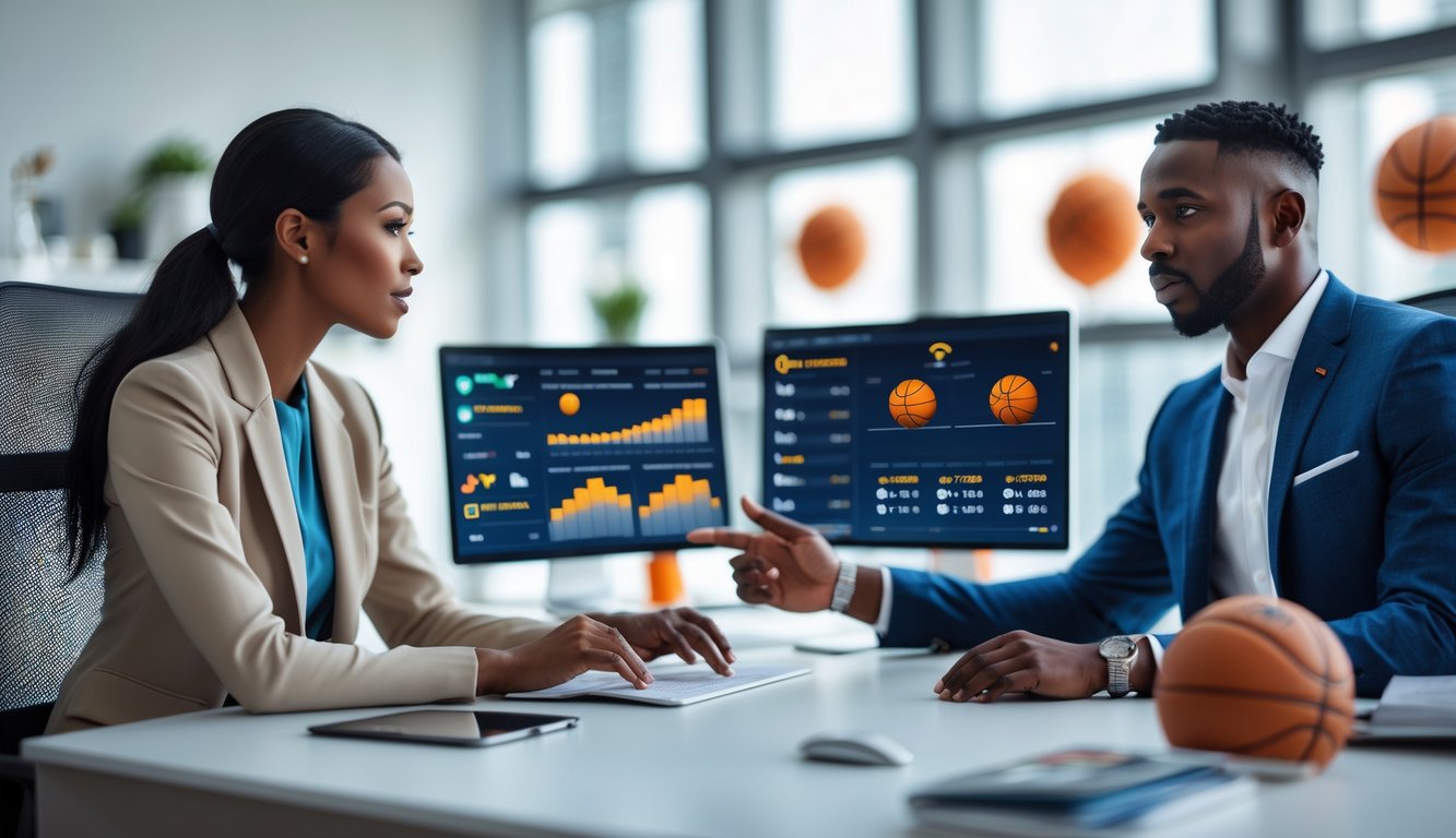 Seorang pria dan wanita profesional sedang menganalisis data taruhan bola basket di depan layar komputer di kantor modern.
