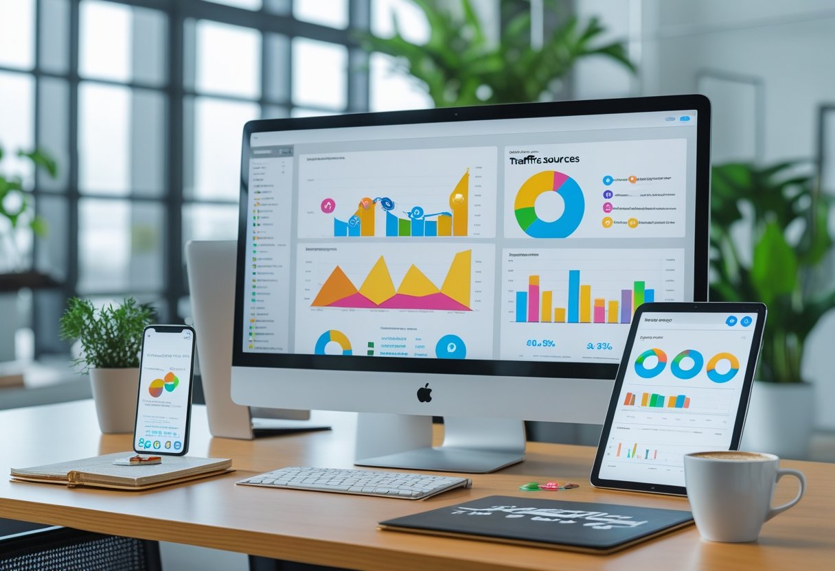 A modern office desk with a computer showing charts and graphs, a smartphone with social media icons, a notebook, and a tablet displaying analytics, in a bright workspace.