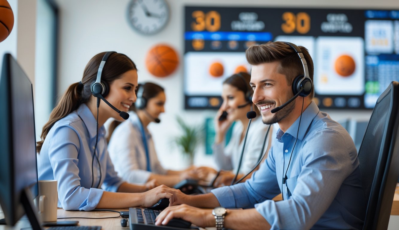 Pusat layanan pelanggan dengan staf ramah yang melayani dukungan judi basket, terlihat meja komputer dan suasana kerja profesional.