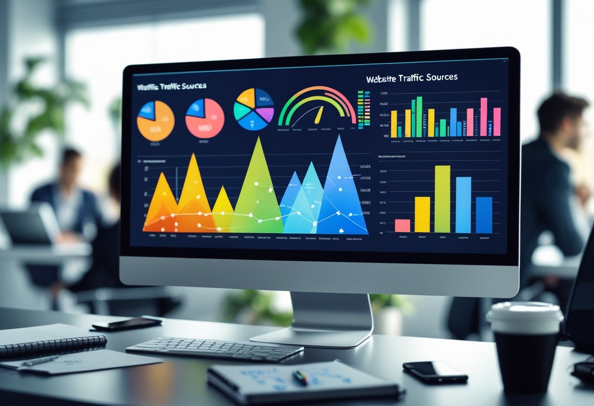 A modern office workspace showing a computer screen with colorful graphs and charts, surrounded by digital marketing tools and a bright office background.