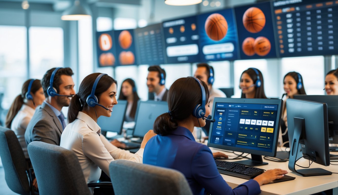 Tim layanan pelanggan yang ramah sedang bekerja di pusat dukungan dengan layar menampilkan pertandingan basket dan informasi taruhan.