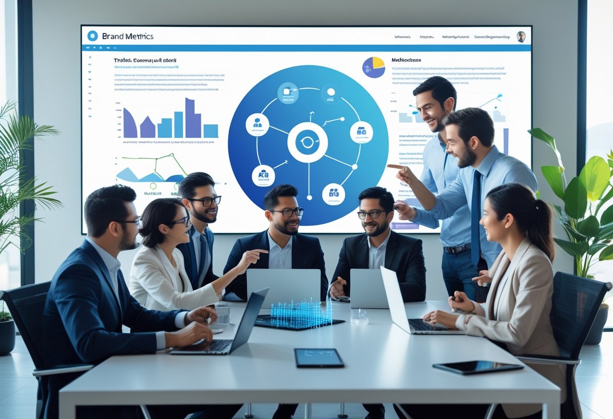 A group of business professionals collaborating around a table with laptops and digital devices, analyzing data and discussing brand strategy in a bright office.
