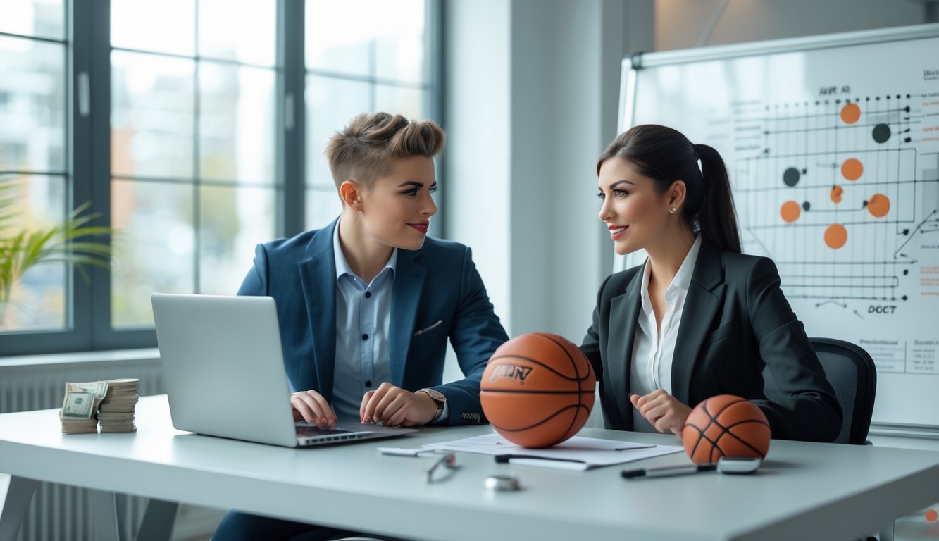 Dua orang profesional sedang berdiskusi di kantor dengan laptop yang menampilkan grafik terkait basket, di meja terdapat bola basket dan uang.