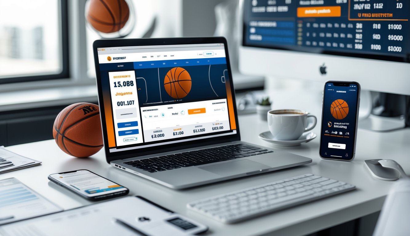 Meja kerja dengan laptop dan ponsel yang menampilkan situs taruhan bola basket, dengan bola basket kecil dan cangkir kopi di sekitarnya.