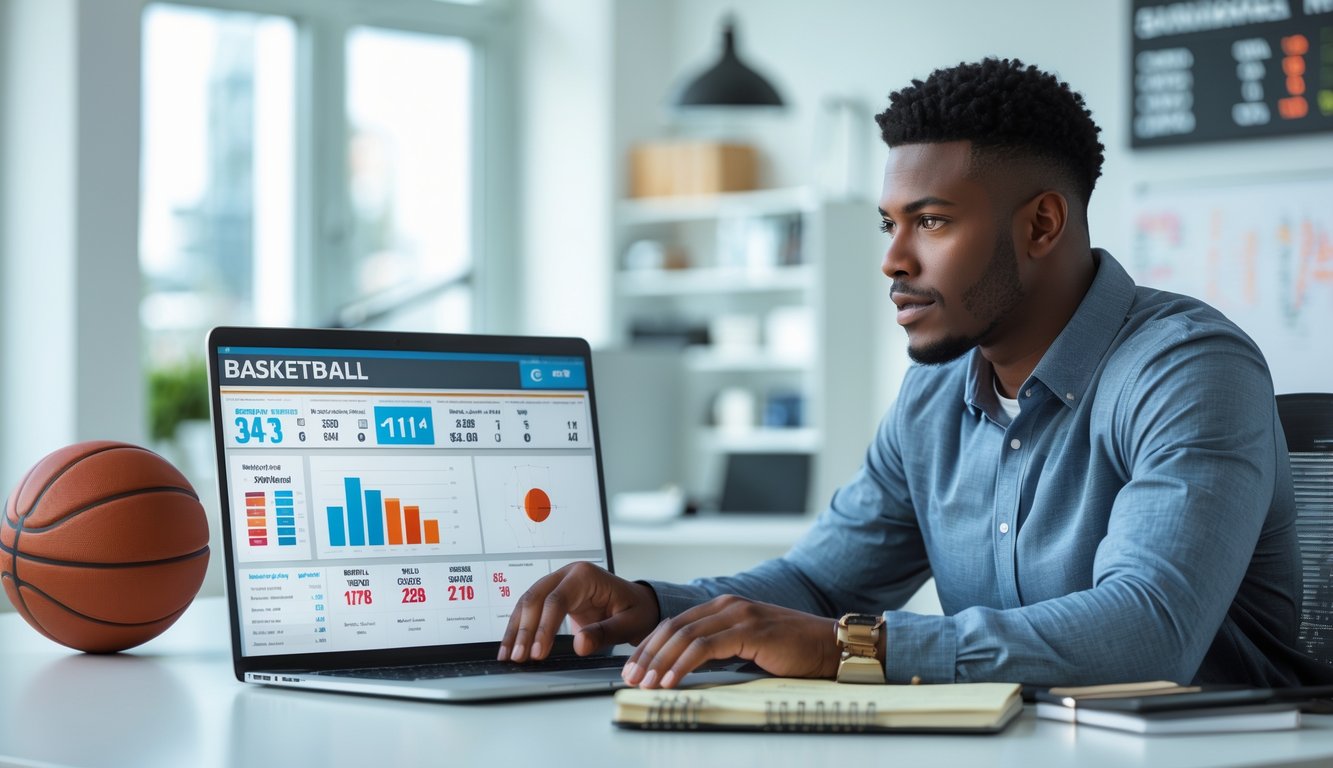 Seorang pria muda duduk di meja kantor dengan laptop dan bola basket di dekatnya, tampak fokus mempelajari statistik basket.