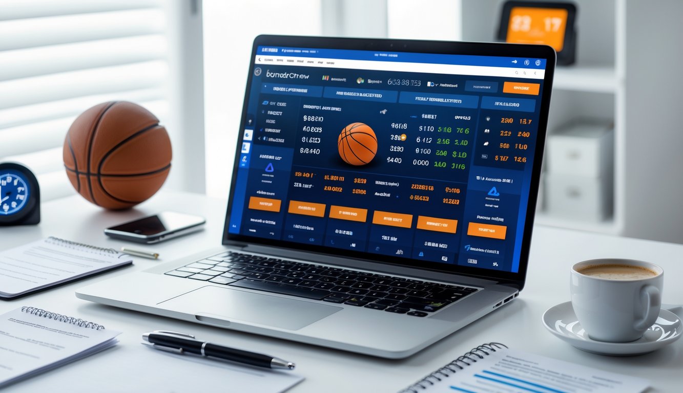 Seorang pemula sedang belajar judi basket online di meja kerja dengan laptop yang menampilkan permainan bola basket dan statistik taruhan.