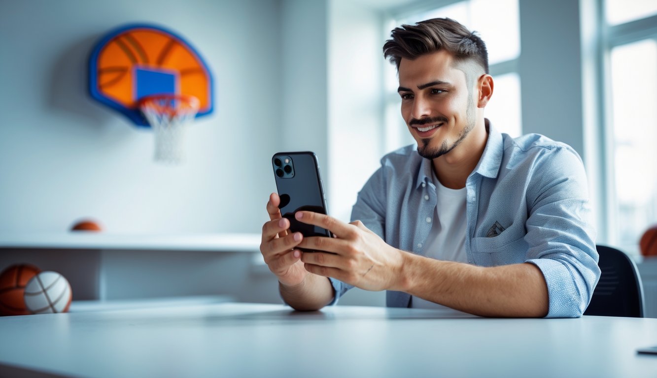 Seseorang menggunakan aplikasi mobile di ponsel dengan latar belakang bertema basket.