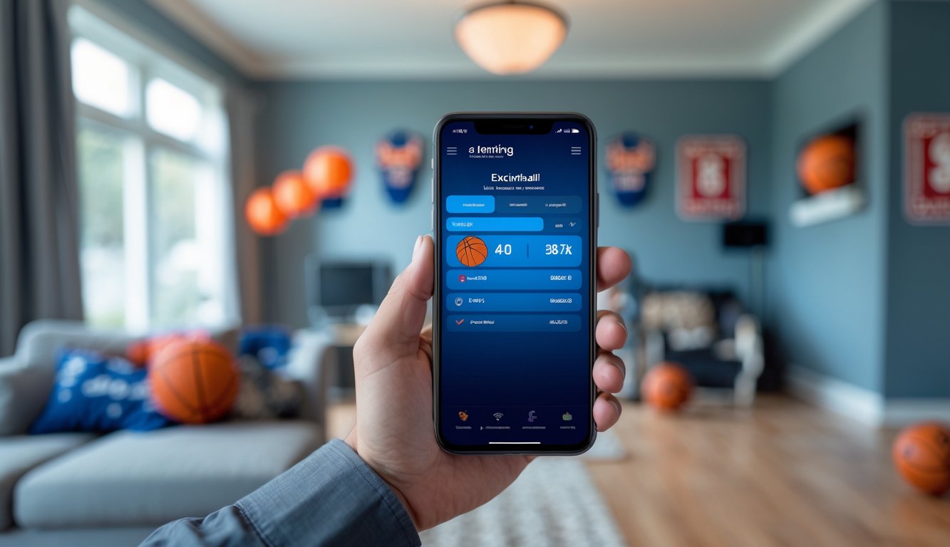 Seseorang memegang ponsel dengan aplikasi taruhan bola basket yang terlihat di layar, di dalam ruangan dengan latar belakang bola basket dan dekorasi olahraga.