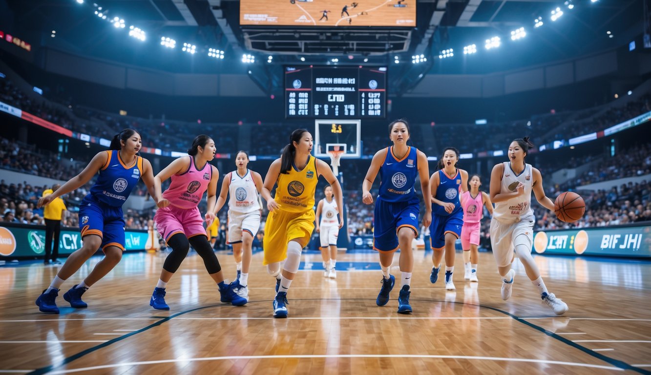 Beberapa pemain basket sedang bermain di lapangan dalam ruangan dengan penonton di tribun dan papan skor digital besar di latar belakang.