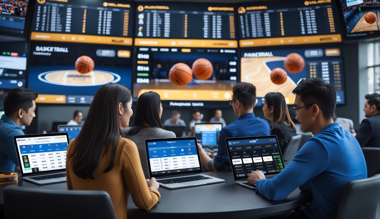 Sekelompok orang sedang melihat layar besar yang menampilkan pertandingan bola basket dan statistik taruhan di sebuah ruangan modern.