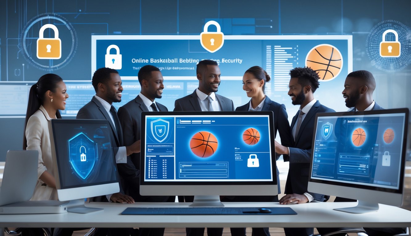 Tim profesional sedang bekerja bersama di kantor modern dengan layar komputer yang menampilkan sistem keamanan data dan grafik terkait basket.