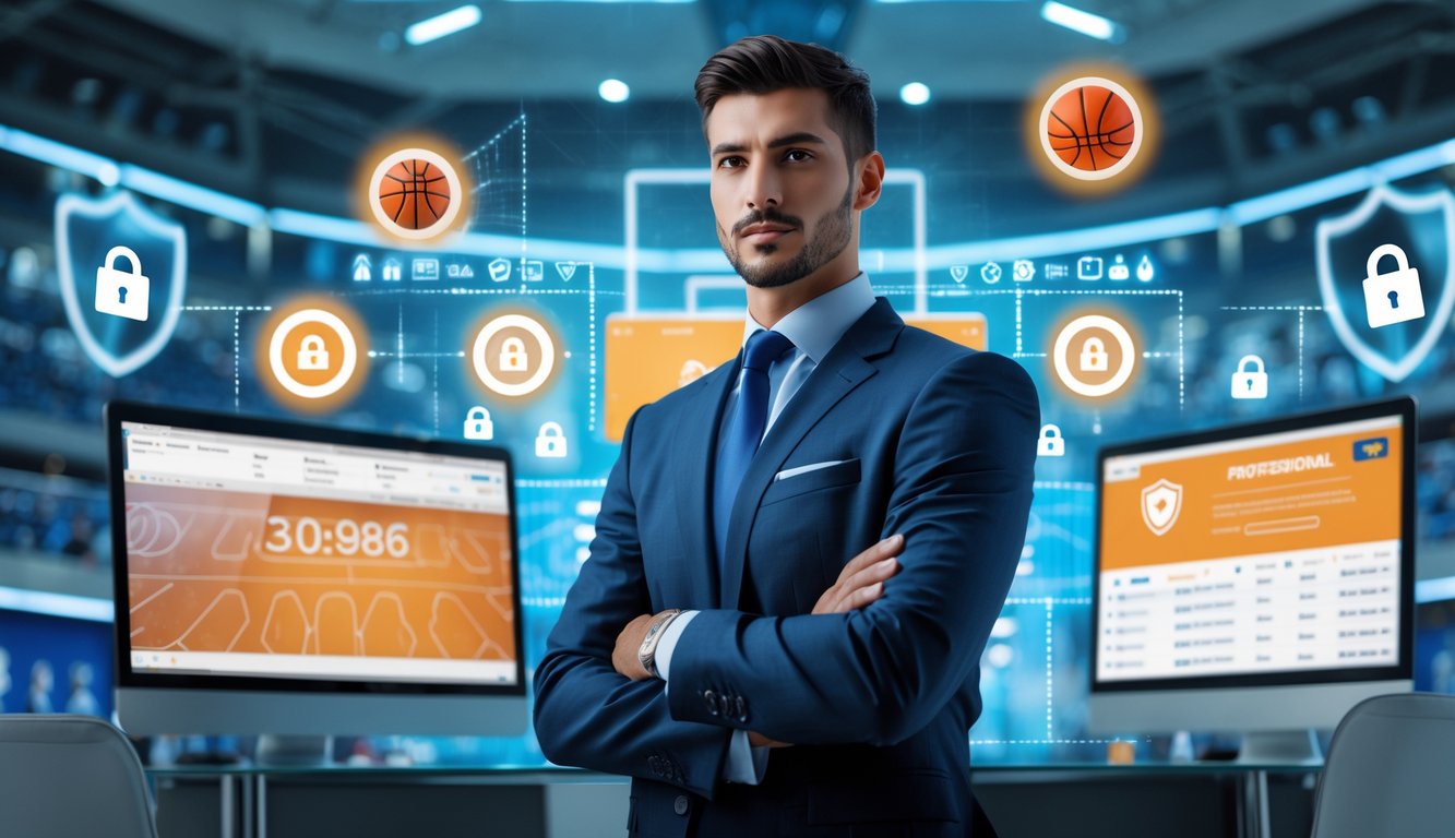 Seorang profesional berdiri di kantor modern dengan layar digital yang menampilkan statistik bola basket dan simbol keamanan data.