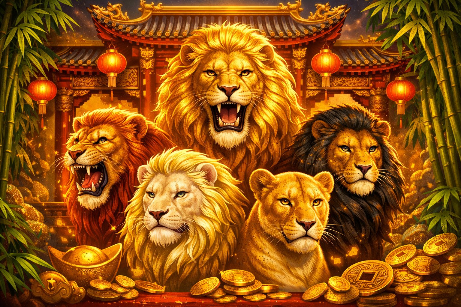 Five Golden Lions In Front Of A Traditional Asian Temple Gate Surrounded By Bamboo And Glowing Lanterns.