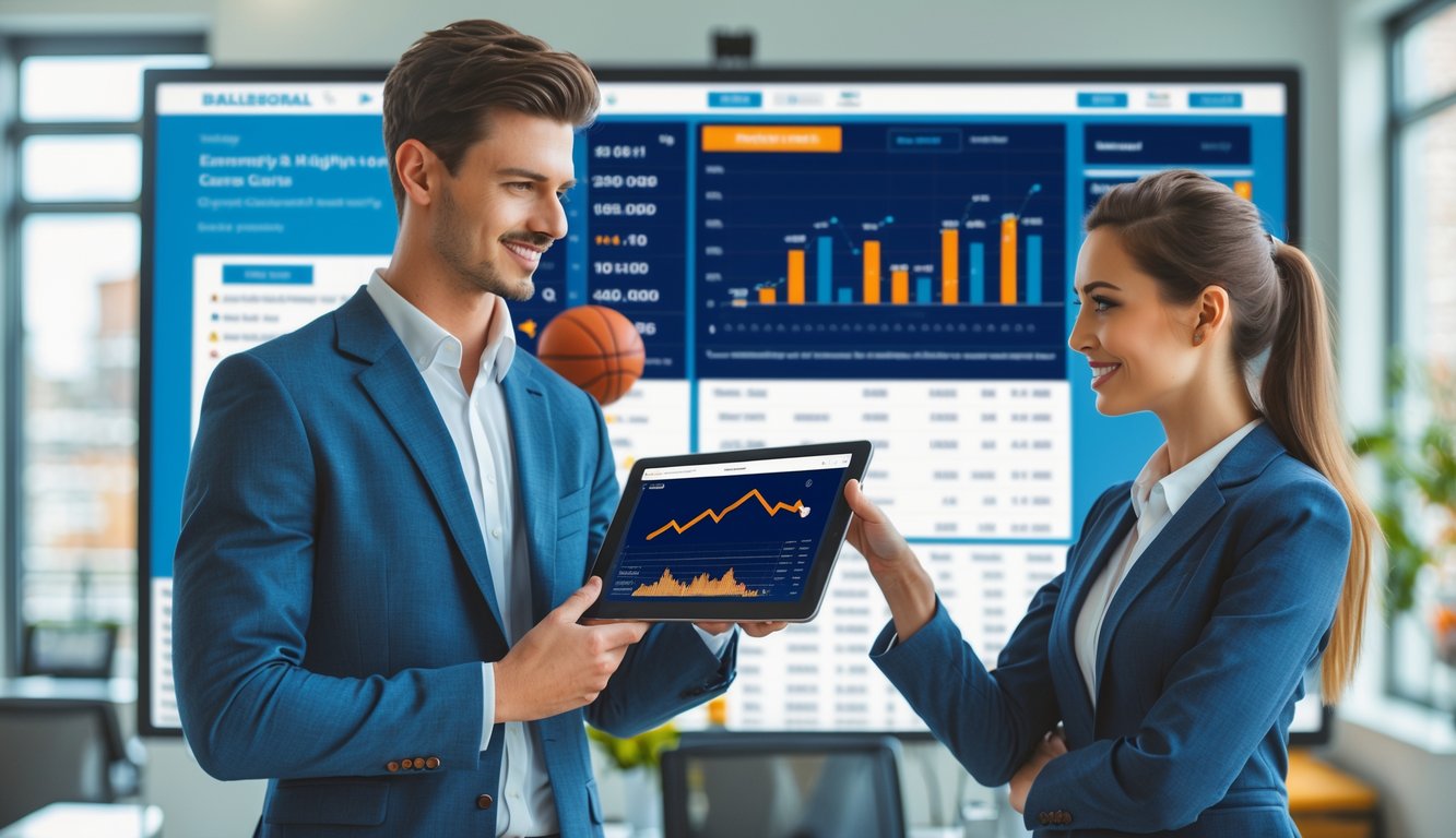 Seorang pria dan wanita muda berdiri di kantor modern sambil melihat tablet digital dengan statistik bola basket dan grafik keuangan di latar belakang.