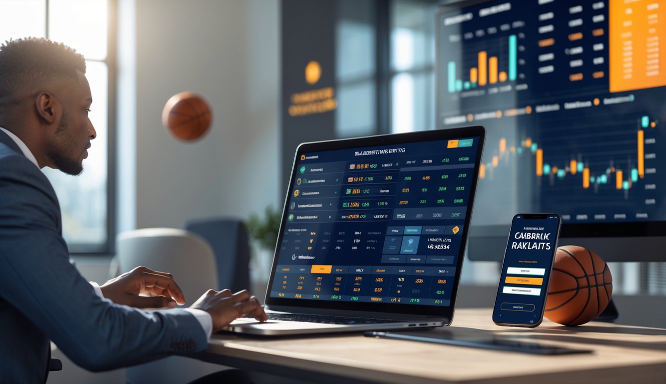 Seorang profesional menggunakan laptop dan ponsel untuk taruhan bola basket dengan latar belakang kantor modern dan dekorasi bertema bola basket.