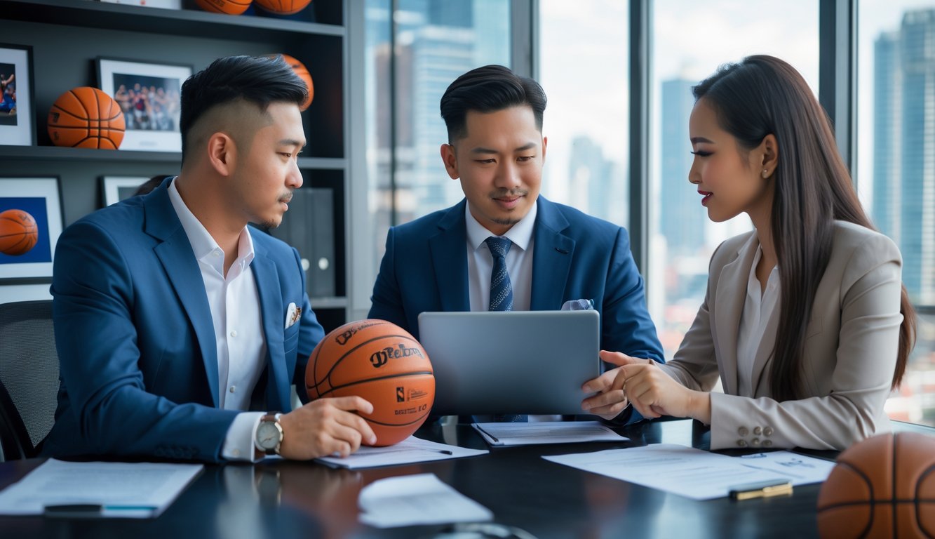 Dua agen basket sedang berdiskusi di kantor modern dengan pemandangan kota di latar belakang.