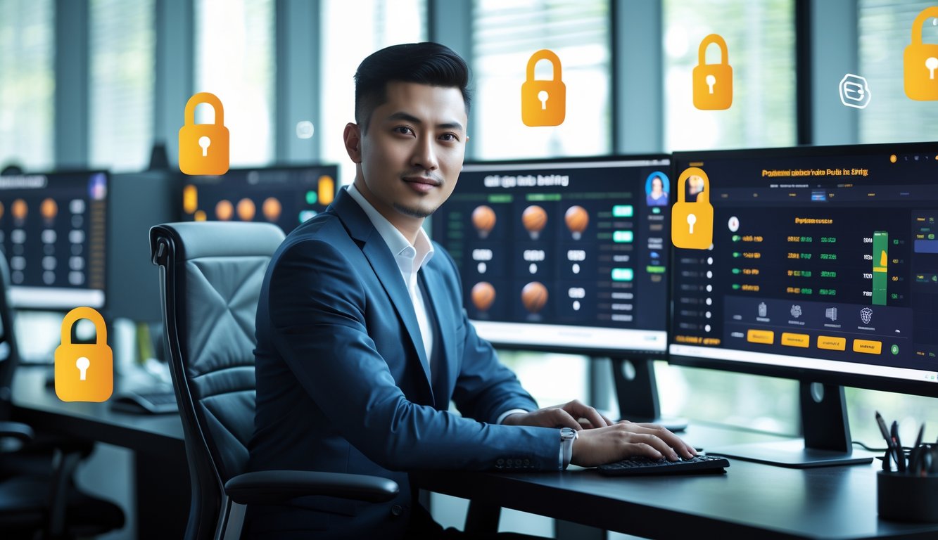 Seorang pria Indonesia duduk di meja dengan beberapa monitor komputer yang menampilkan pertandingan bola basket dan data taruhan online.