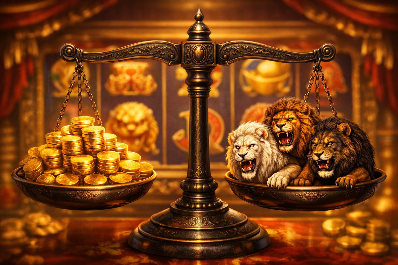 A Balanced Scale With Golden Coins On One Side And Lions On The Other, Set Against A Background Of Slot Machine Reels With Gold And Lion Symbols.