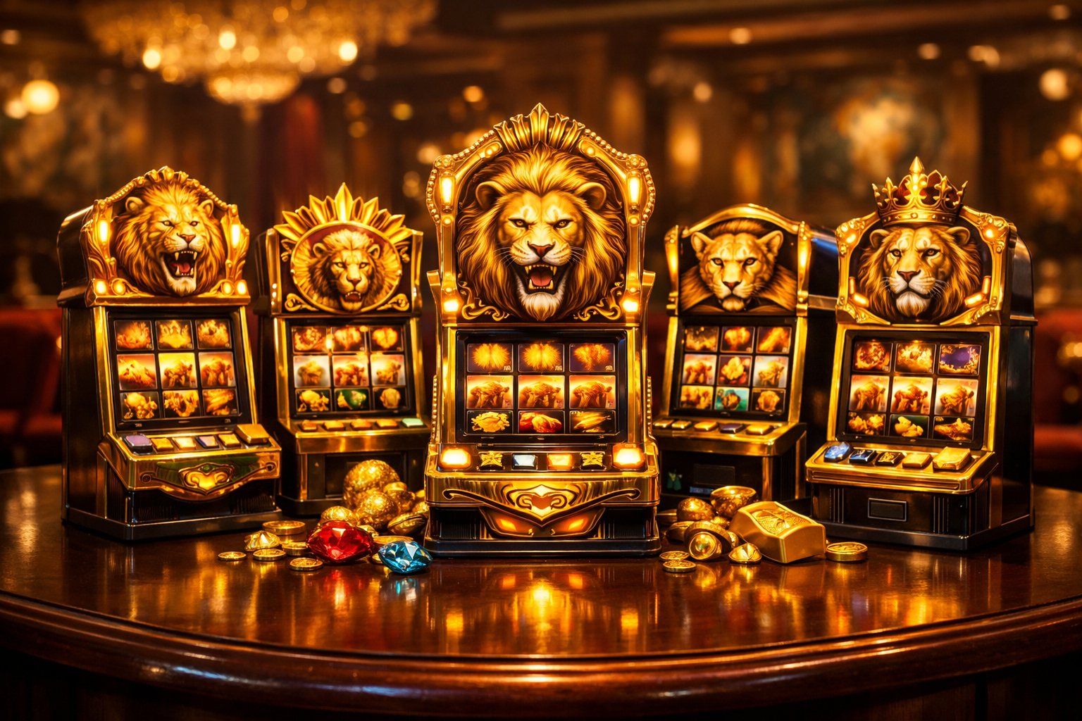 A Casino Table With Five Slot Machines Decorated With Golden Lion Designs And Glowing Lights.