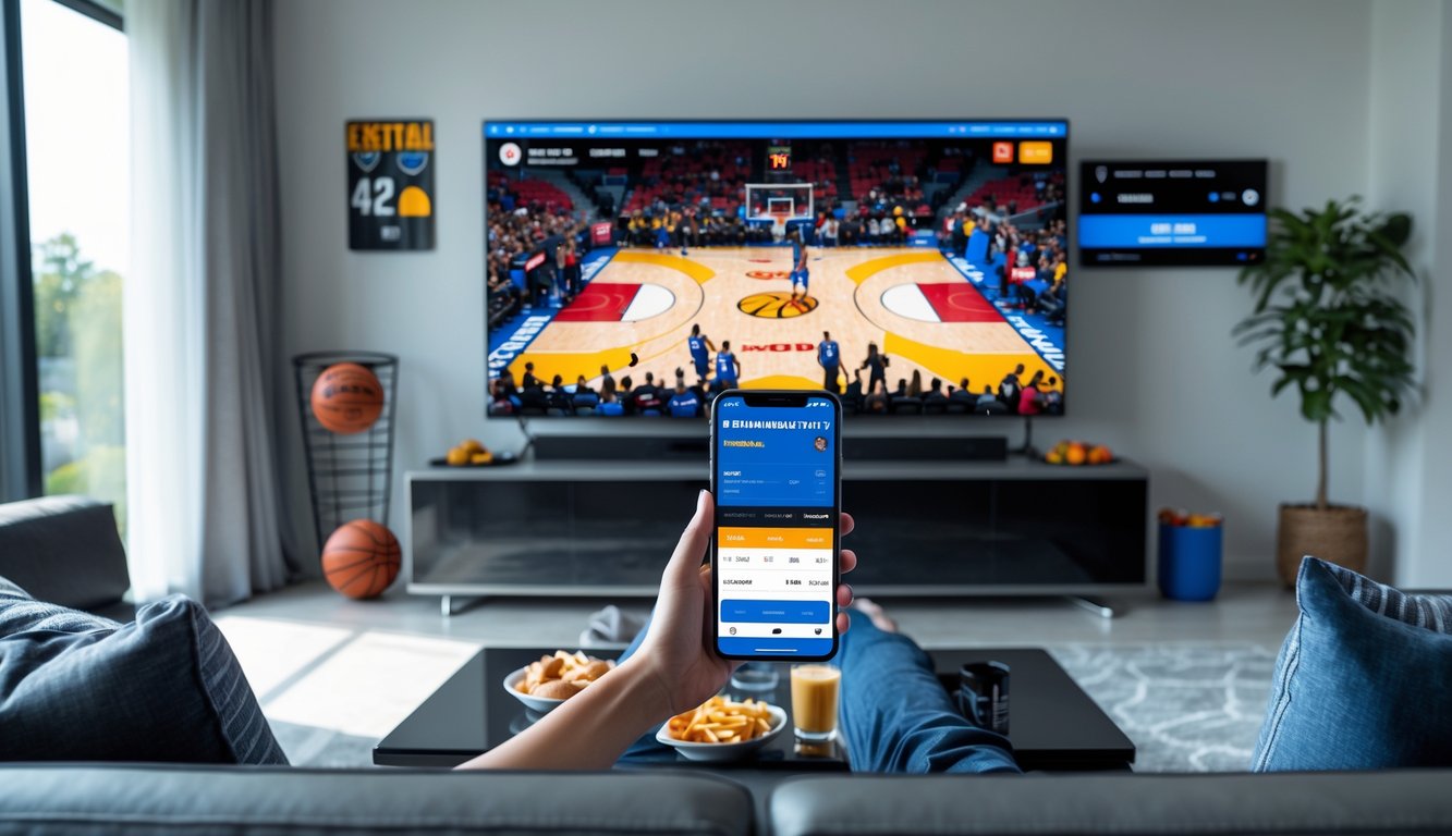 Seorang pria duduk di sofa di ruang tamu modern menonton pertandingan basket langsung di televisi besar sambil menggunakan ponsel untuk taruhan judi basket.
