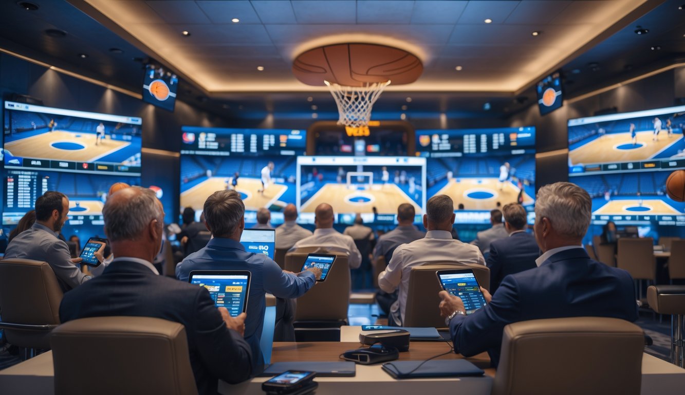 Sekelompok orang menonton pertandingan basket secara langsung di layar besar sambil menggunakan perangkat digital untuk bertaruh.