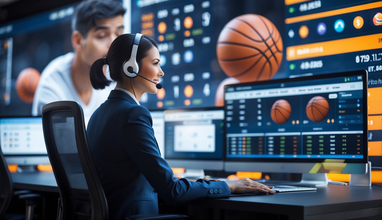 Seorang perwakilan layanan pelanggan di kantor modern dengan layar komputer yang menampilkan statistik pertandingan basket dan ikon metode pembayaran.