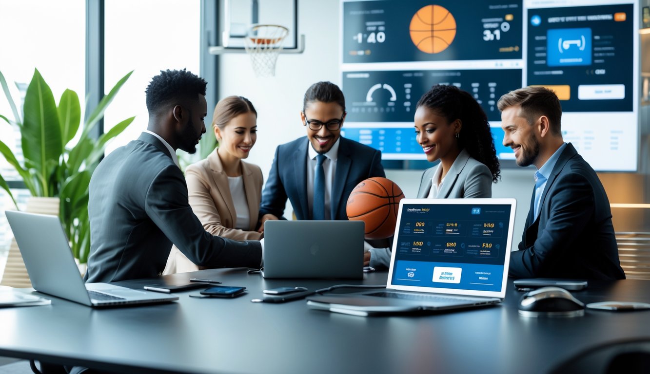 Sekelompok profesional bekerja bersama di kantor modern dengan perangkat digital yang menampilkan statistik bola basket dan metode pembayaran.