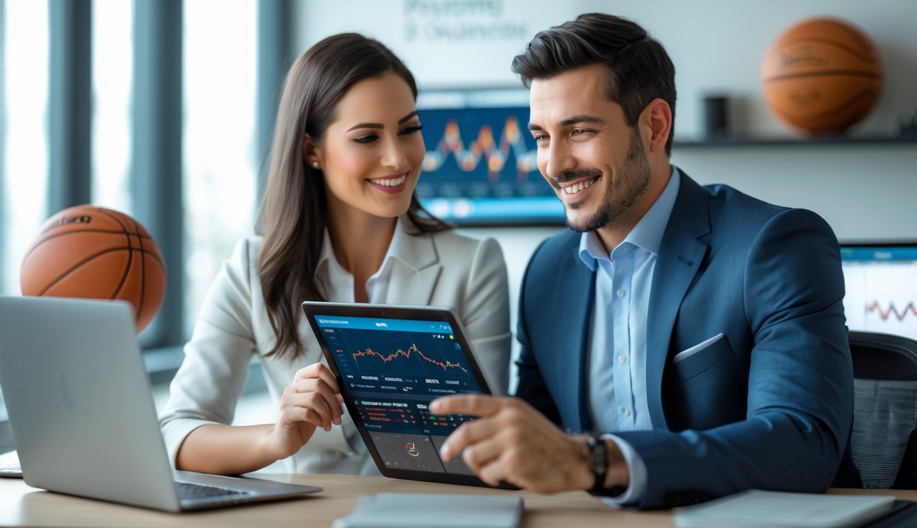 Dua orang profesional sedang berdiskusi di kantor dengan tablet yang menampilkan statistik bola basket.